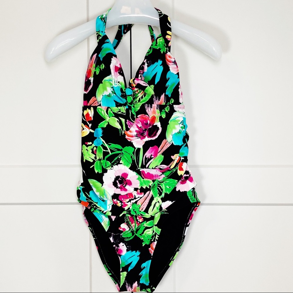 Catalina Halter Black Bright Floral One Piece Swim Suit NWOT